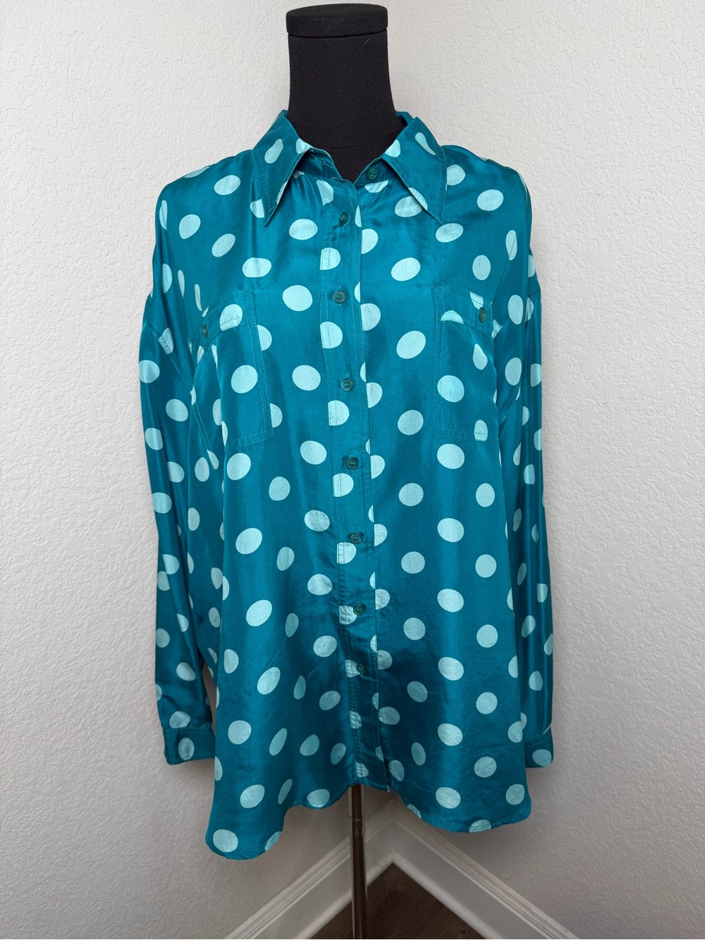 100% Silk Newport News Teal Polka Dot Satin Button-Down Blouse